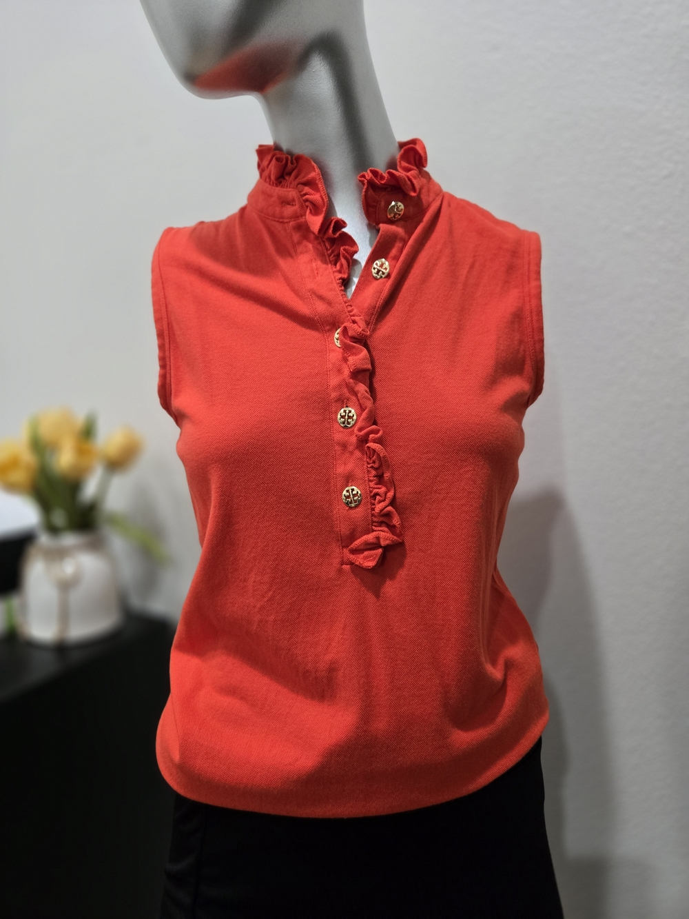 Tory Burch Reddish Orange Sleeveless Ruffle Henley Tank with Gold Buttons